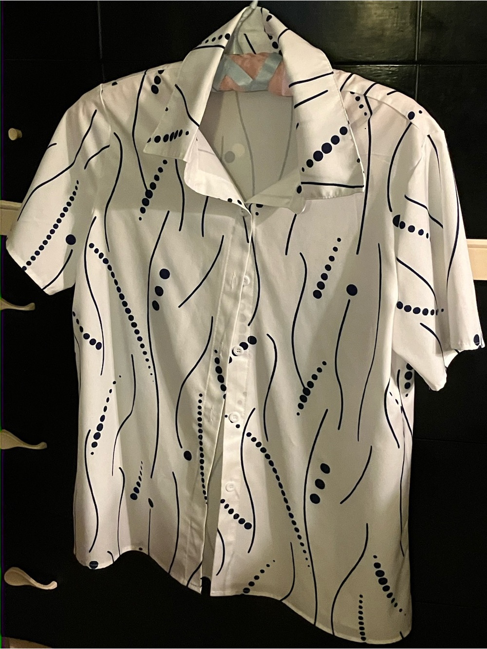 Women’s White Short-Sleeve Button-Up Blouse with Black Abstract Dot Print